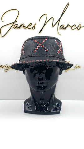 Classic Black Studded Bucket Hat with Red Crystal