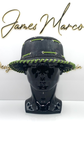 Classic Black Leather Bucket Hat with Olive Green Lace