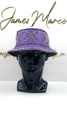 Passion Purple Leather Bucket Hat with Gold Crystals