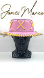 Light Pink Leather Bucket Hat with Golden Yellow Lace