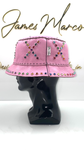 Light Pink Leather Bucket Hat with Multi-colored Crystals