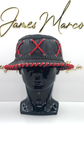 Classic Black Leather Bucket Hat with Red Lace