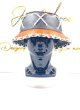 Black & Orange Leather Bucket Crown w/ White Lace