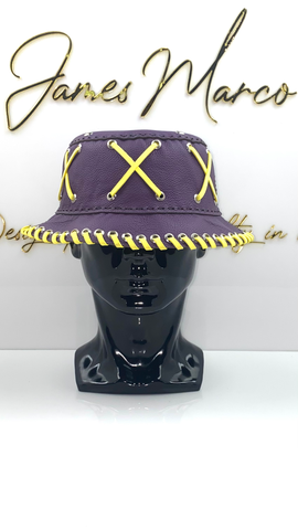 Deep Purple Leather Bucket Hat with Yellow Lace