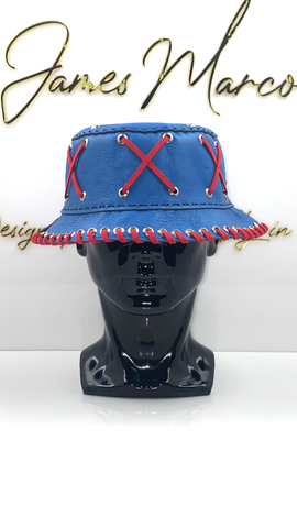 Jungle Blue Leather Bucket Hat with Red Lace