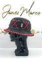 Classic Black Leather Bucket Hat with Red Lace