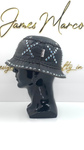 Classic Black Leather Bucket Hat with Blue Crystals