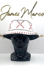 Classic White Leather Bucket Hat with Red Crystals