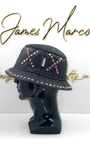 Classic Black Leather Bucket Hat with Purple Crystals