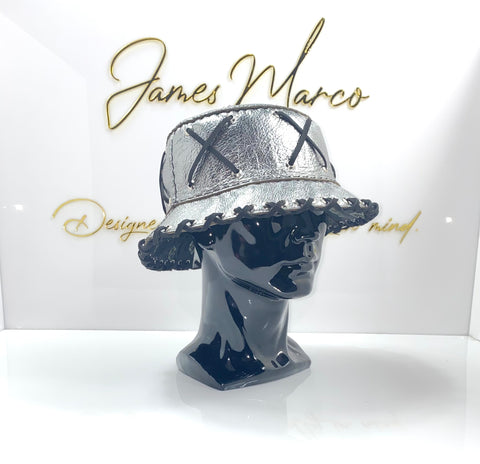 Silver Metallic Leather Bucket Crown w/ Black Lace