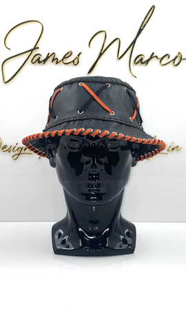 Classic Black Bucket Hat with Black and Orange Lace