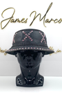 Classic Black Leather Bucket Hat with Purple Crystals