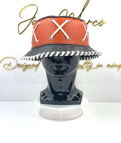 Orange & Black Leather Bucket Crown w/ White Lace