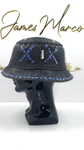 Classic Black Leather Bucket Hat with Blue Crystals