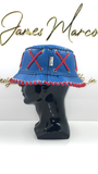 Jungle Blue Leather Bucket Hat with Red Lace