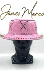 Light Pink Leather Bucket Hat with Multi-colored Crystals