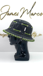 Classic Black Leather Bucket Hat with Olive Green Lace