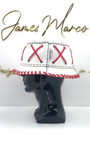 Classic White Leather Bucket Hat with Red Lace