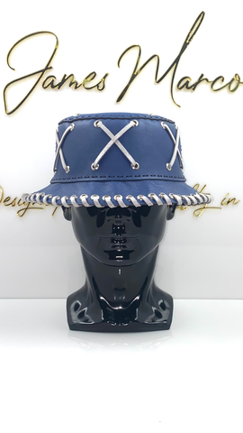 Cowboy Blue Leather Bucket Hat with Silver Lace