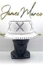 Classic White Leather Bucket Hat with Turquoise Crystals