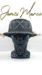 Classic Black Leather Bucket Hat with Blue Crystals